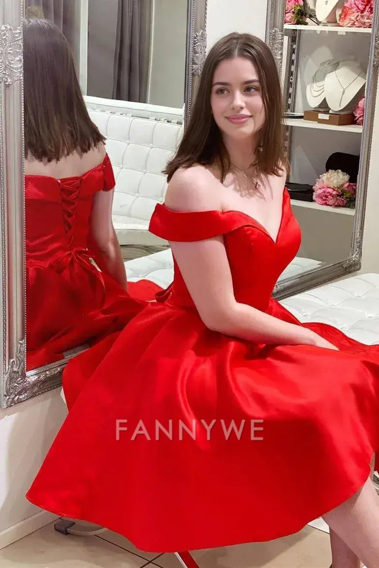 FannyWe Simple Off the Shoulder Red Satin Party Dress formal wear dresses